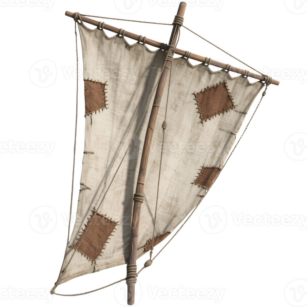 Old patched sail attached to a wooden mast isolated on transparent background png