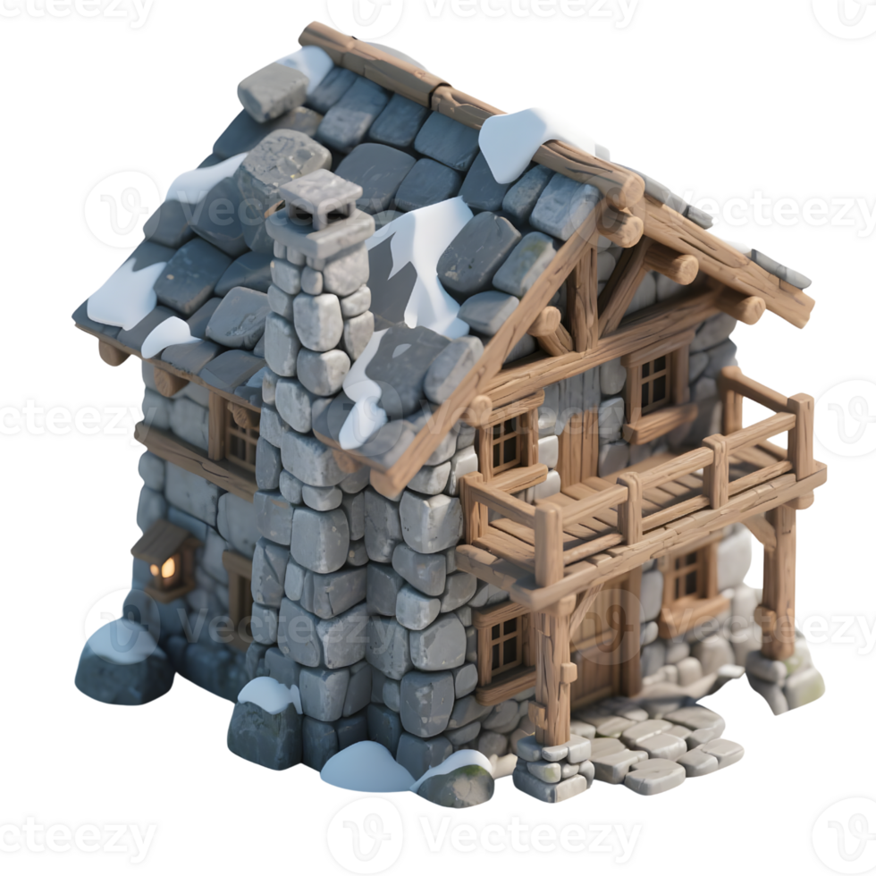 A stone cabin with snow isolated on transparent background png