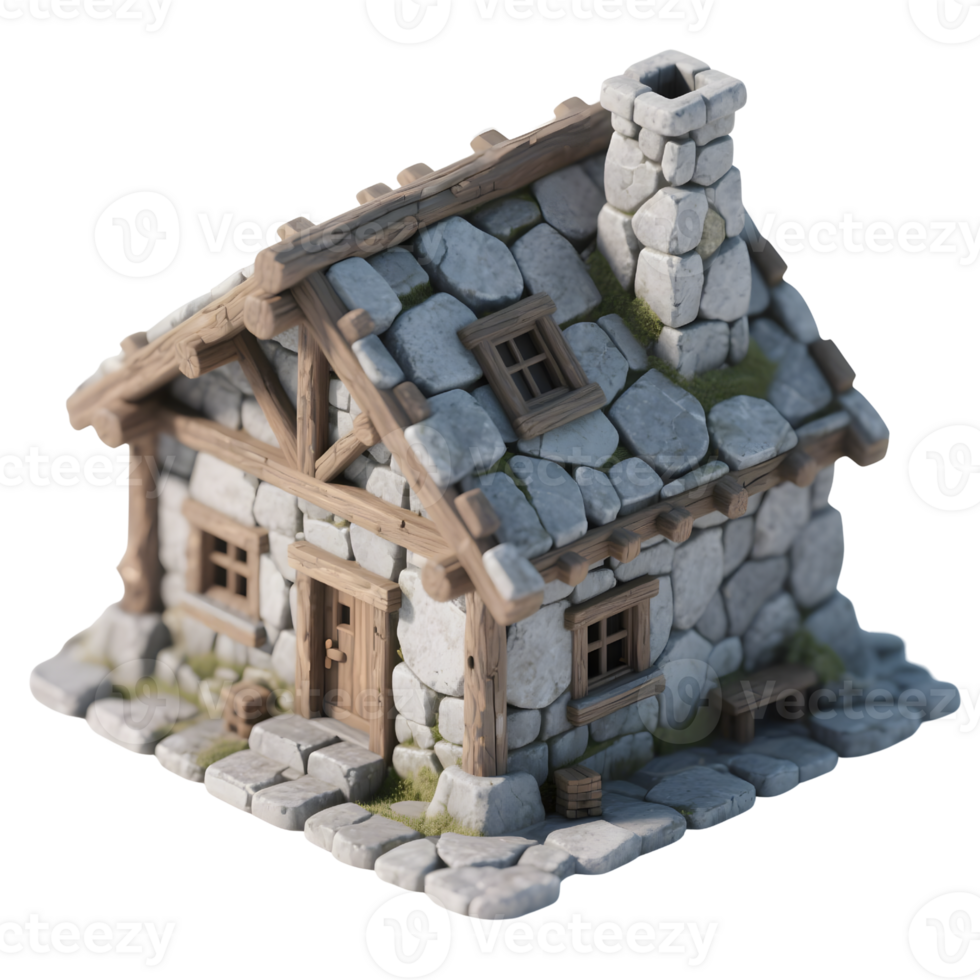 A small stone cottage with a chimney isolated on transparent background png