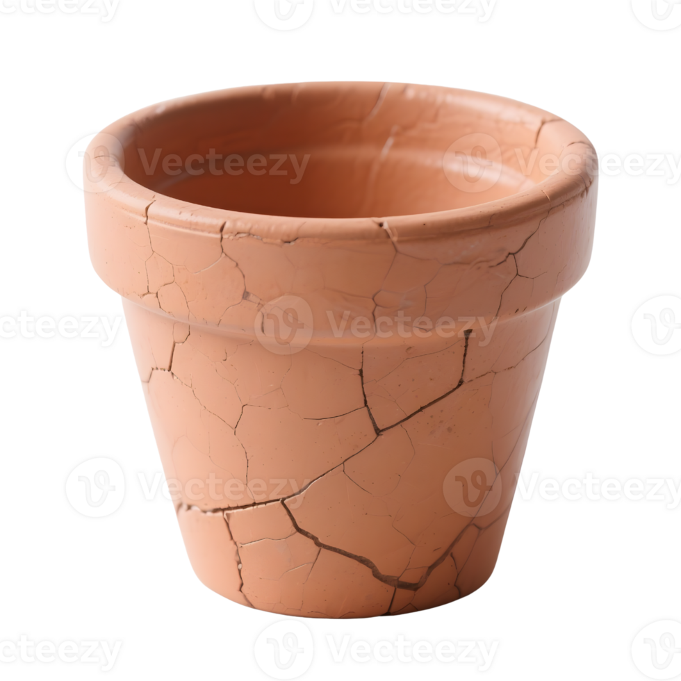 An empty cracked clay flowerpot isolated on transparent background png