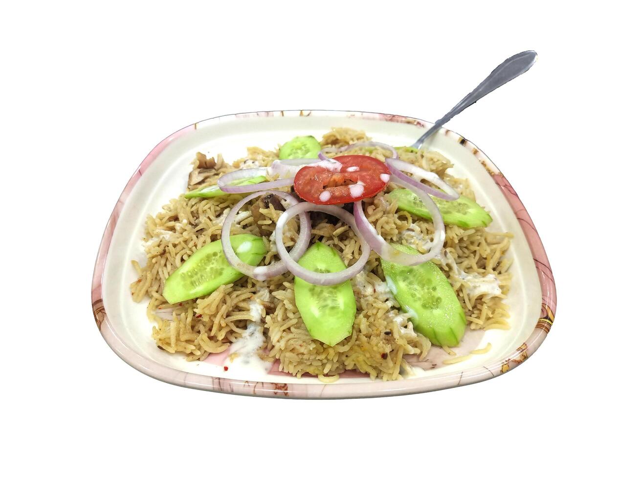 Yummy pulao with salad isolated on the white background photo