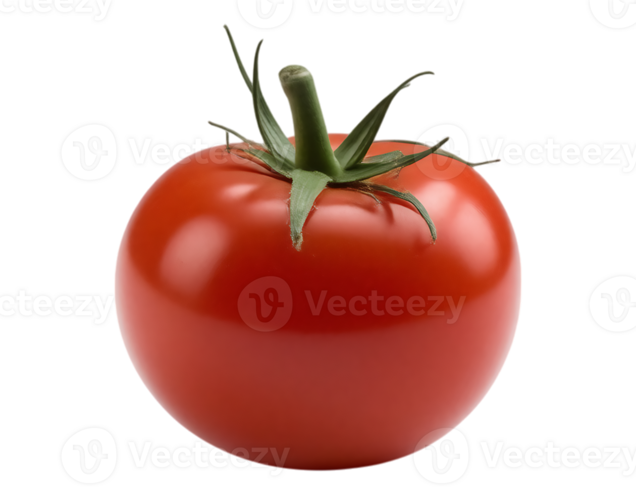 A single, ripe, red tomato with green stem and leaves, isolated on transparent background png