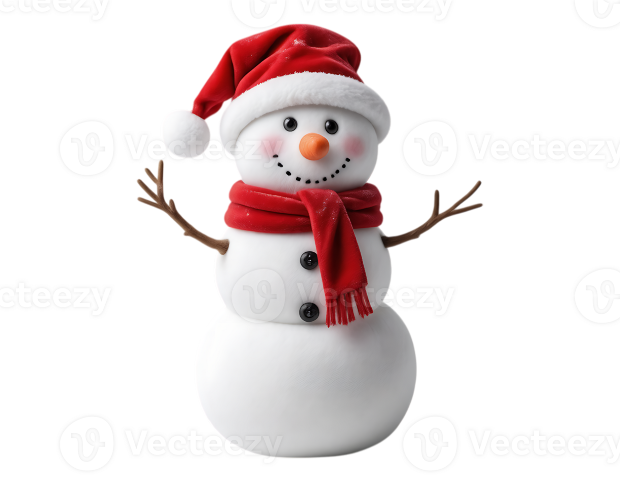 A festive and adorable snowman wearing a Santa hat and scarf. png