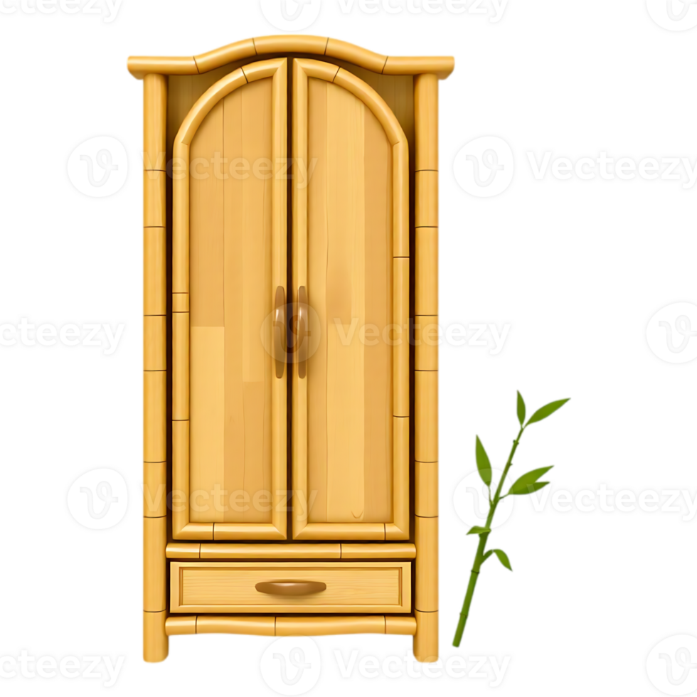 Wooden Bamboo Wardrobe with Arched Doors and Drawer png