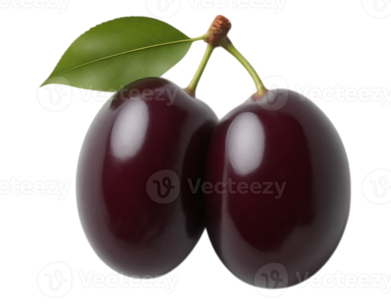 Two ripe cherries with a leaf on a transparent background png