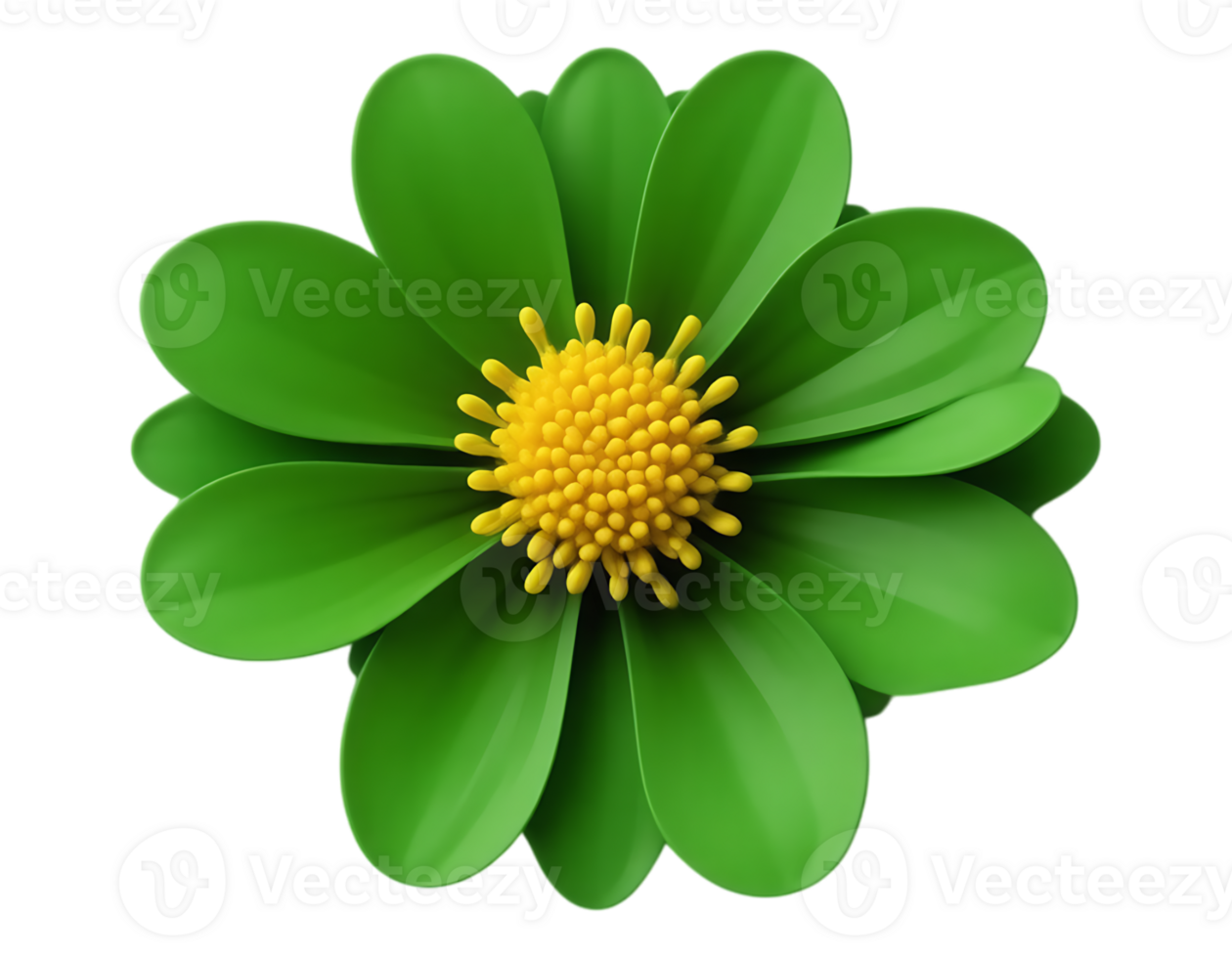 3D Render of a Green Petaled Flower with a Yellow Center png