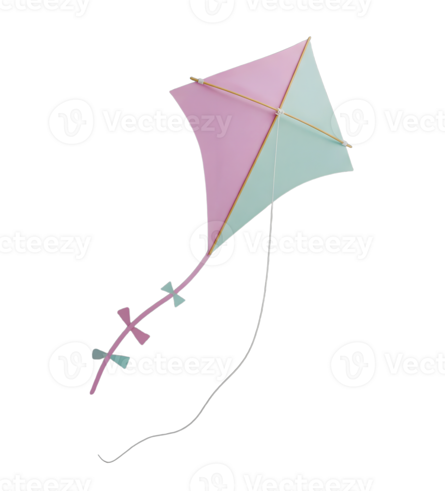 Kite with tail minimalist 3D rendering in a soft and smooth renderer png