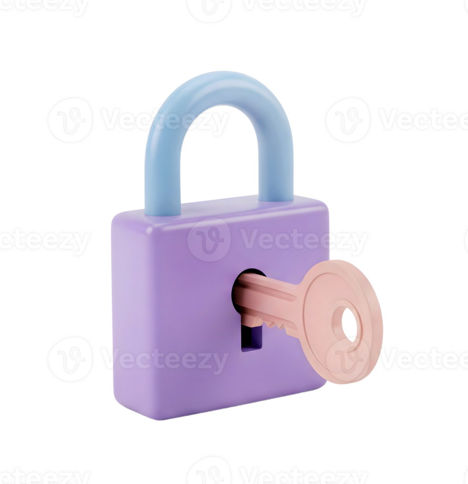 Padlock with a key minimalist 3D rendering in a soft and smooth renderer png