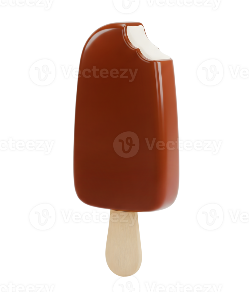 Bitten chocolate ice cream stick minimalist 3D rendering in soft and smooth renderer png