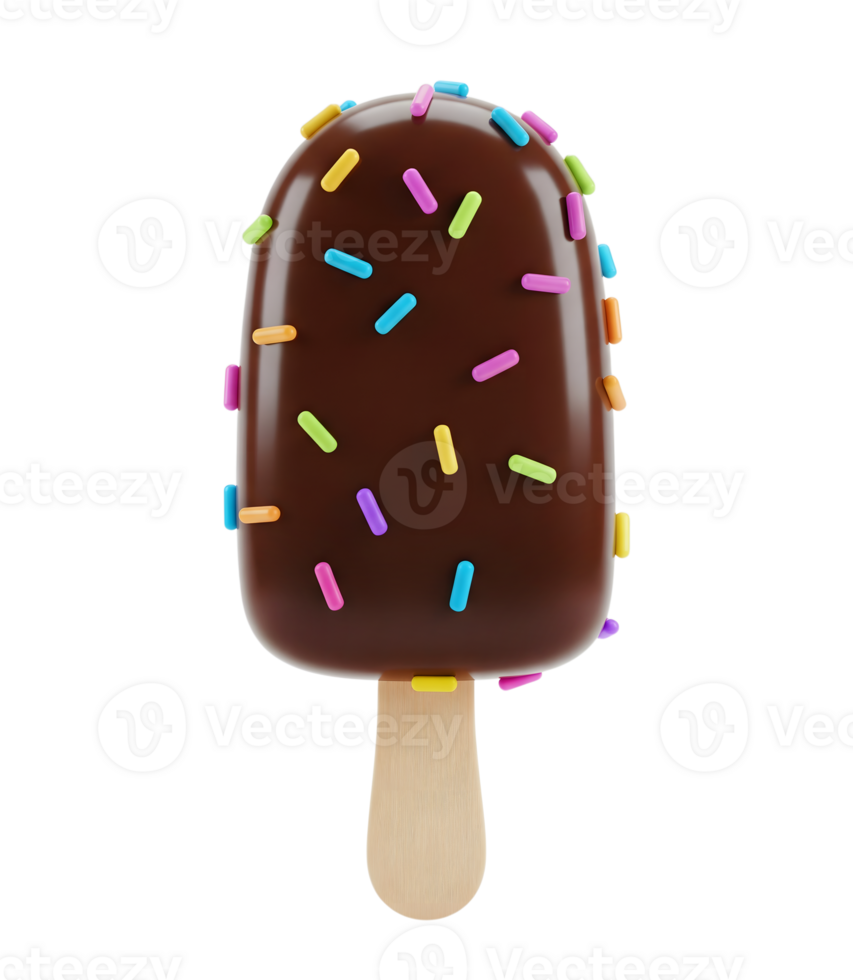 Chocolate ice cream stick with sprinkles minimalist 3D rendering in a soft and smooth renderer png