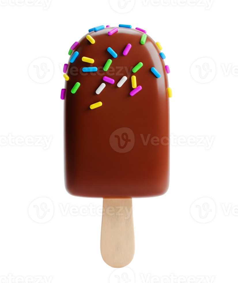Chocolate ice cream stick with sprinkles minimalist 3D rendering in soft and smooth renderer png