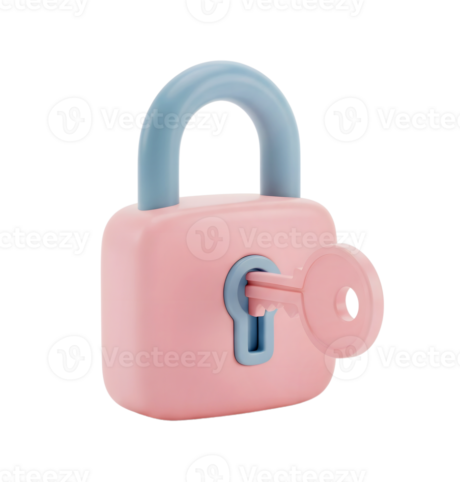 Padlock with a key minimalist 3D rendering in a soft renderer png