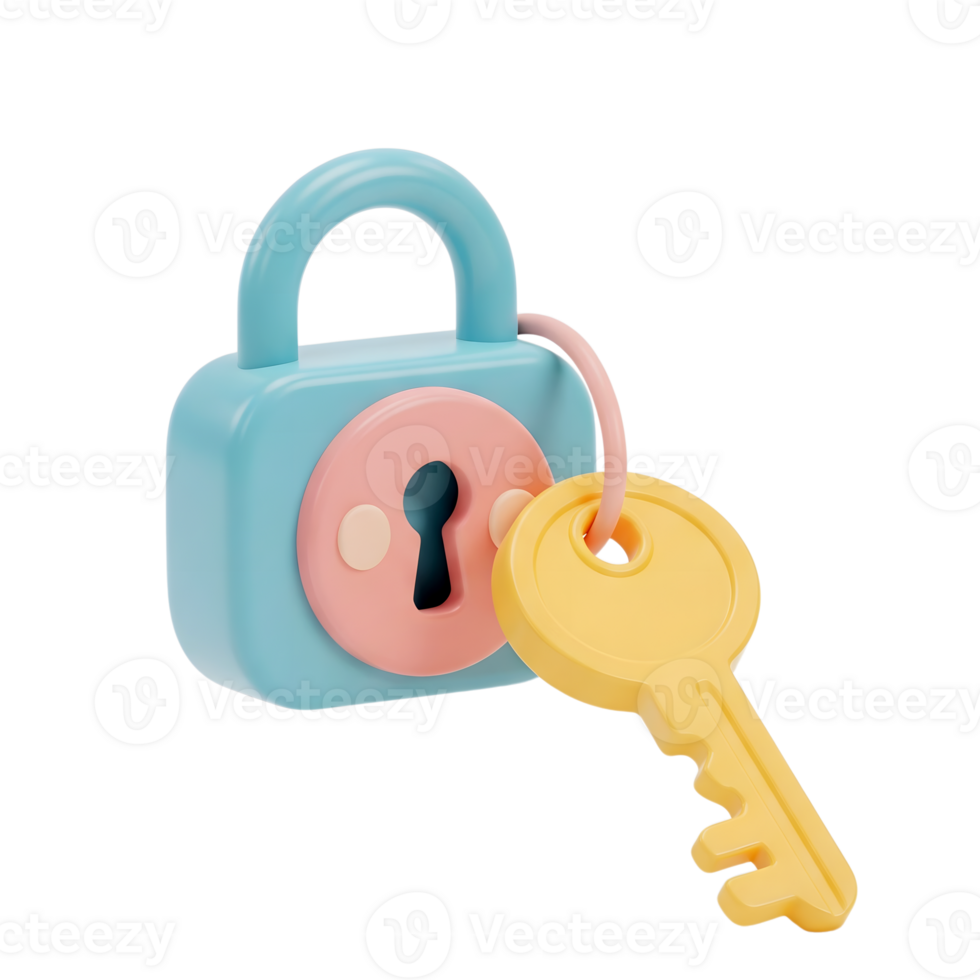 Padlock with a key minimalist 3D rendering in soft and smooth renderer png