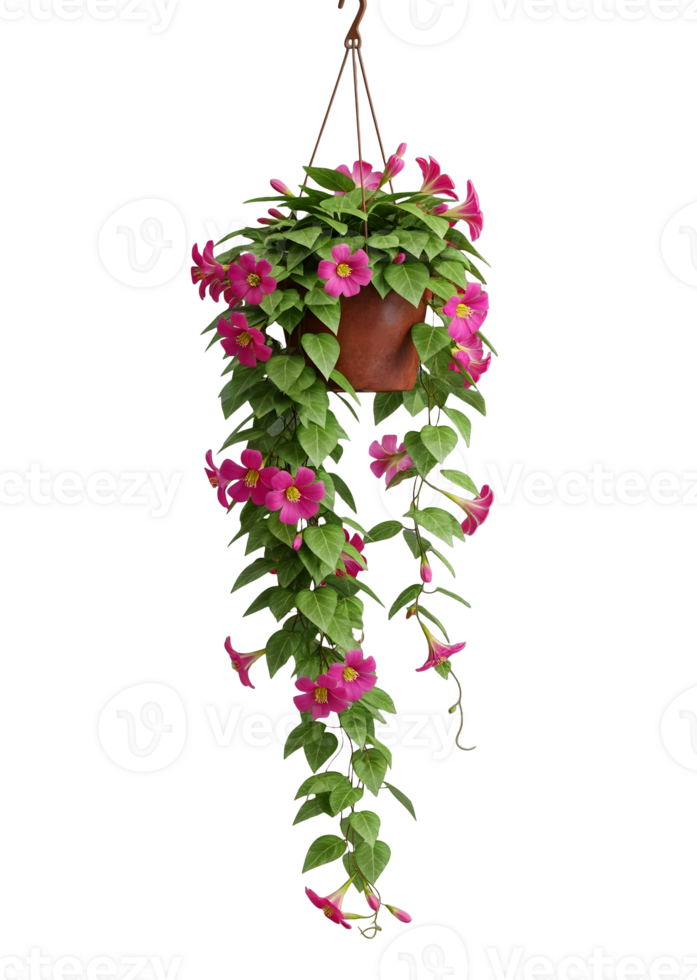 Hanging Basket with Cascading Pink Flowers Minimalist 3D Rendering in Soft Renderer png