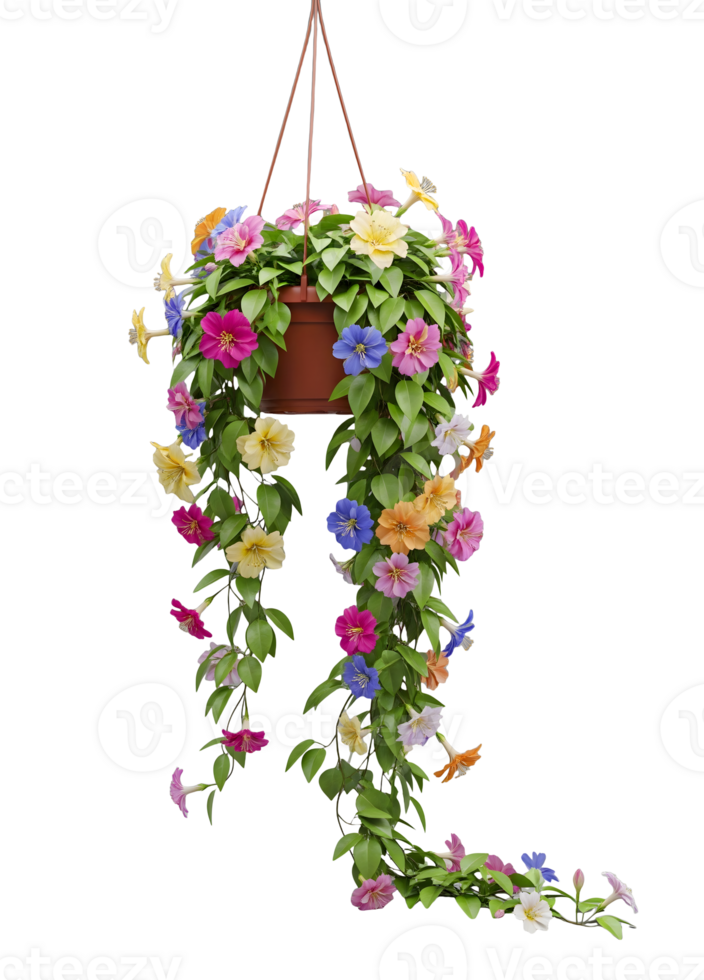 Hanging Basket with Cascading Colorful Flowers Minimalist 3D Rendering in Soft And Smooth Renderer png
