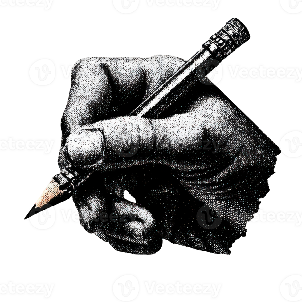 Hand Holding Pencil In Vintage Engraving Illustration Isolated On Transparent Background png