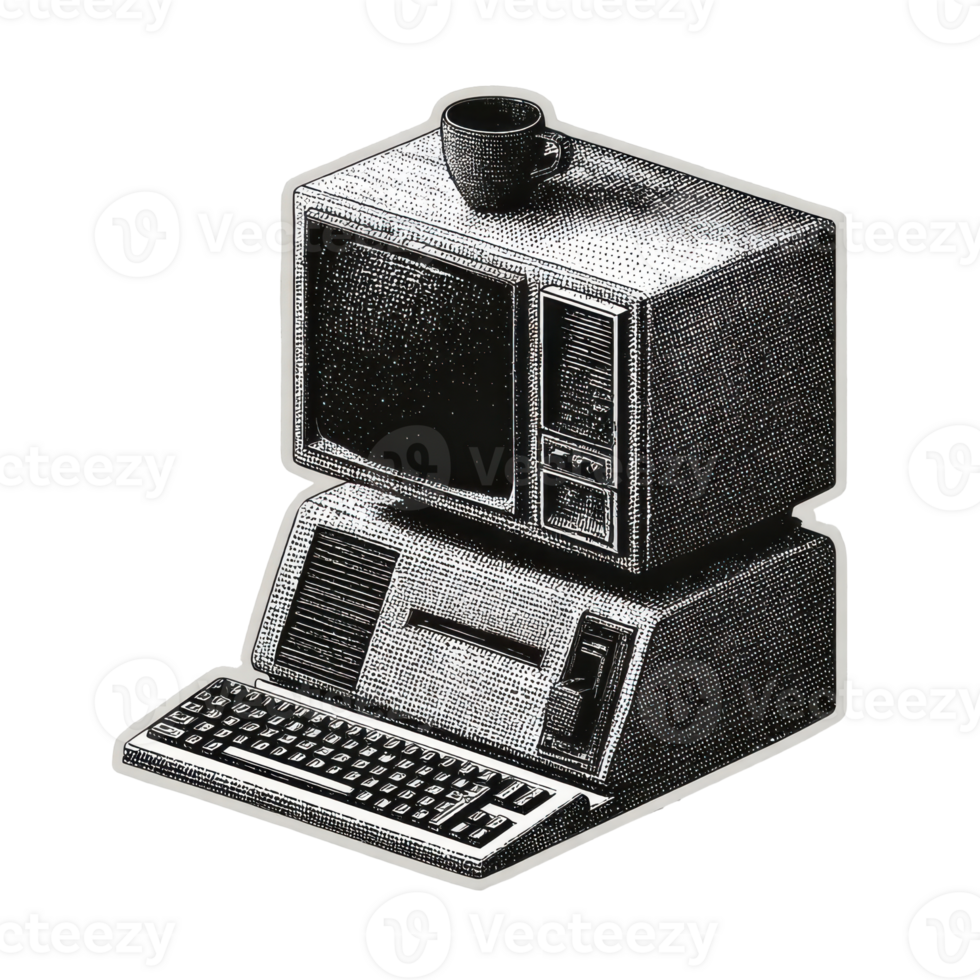 Vintage Computer With Coffee Cup In Retro Engraving. Nostalgic Technology Illustration Isolated On Transparent Background png