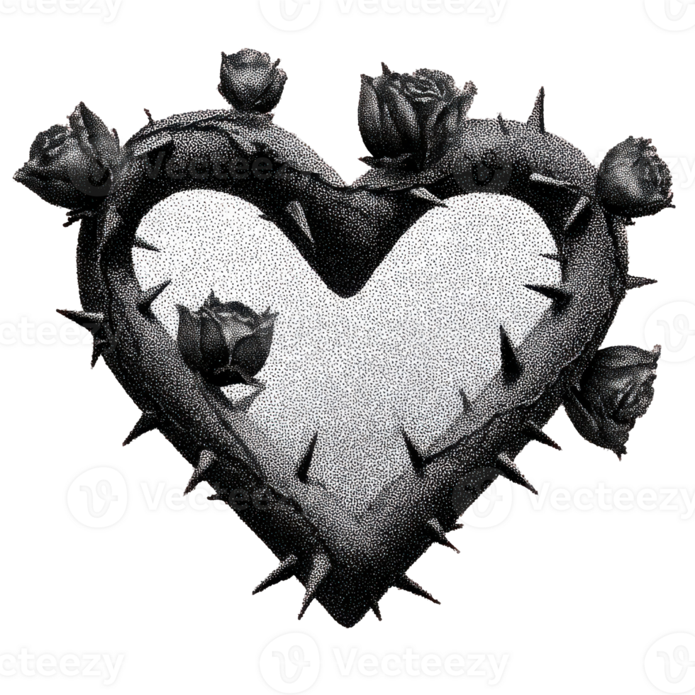Heart-Shaped Thorny Vine With Roses In Vintage Dot. Symbol Of Love And Pain Illustration Isolated On Transparent Background png
