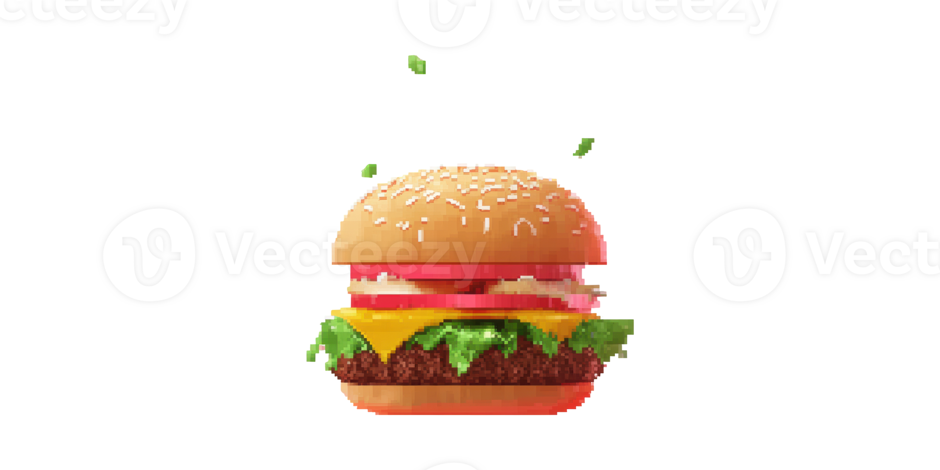 Pixel Art Cheeseburger With Lettuce And Tomato. Retro Gaming Style Fast Food Illustration Isolated On Transparent Background png
