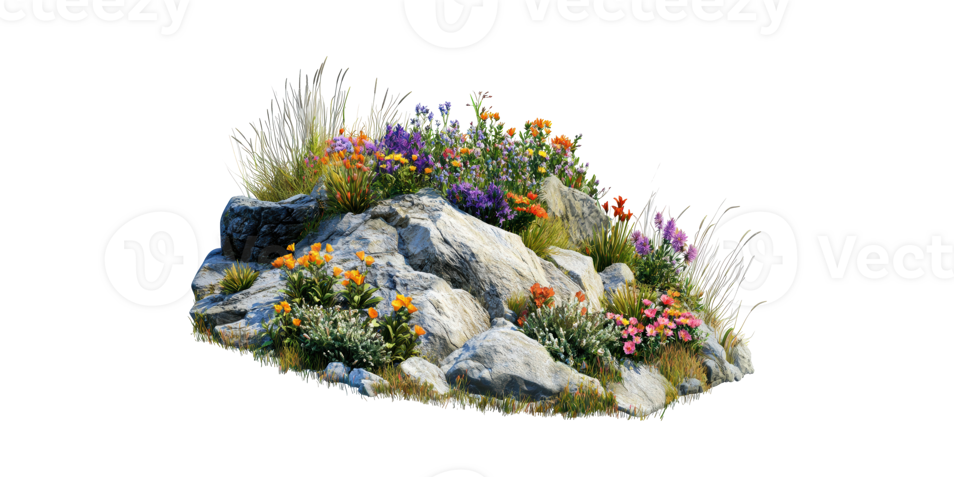Rocky Terrain With Vibrant Wildflowers. Nature'S Beauty And Biodiversity In A Natural Habitat Isolated On Transparent Background png