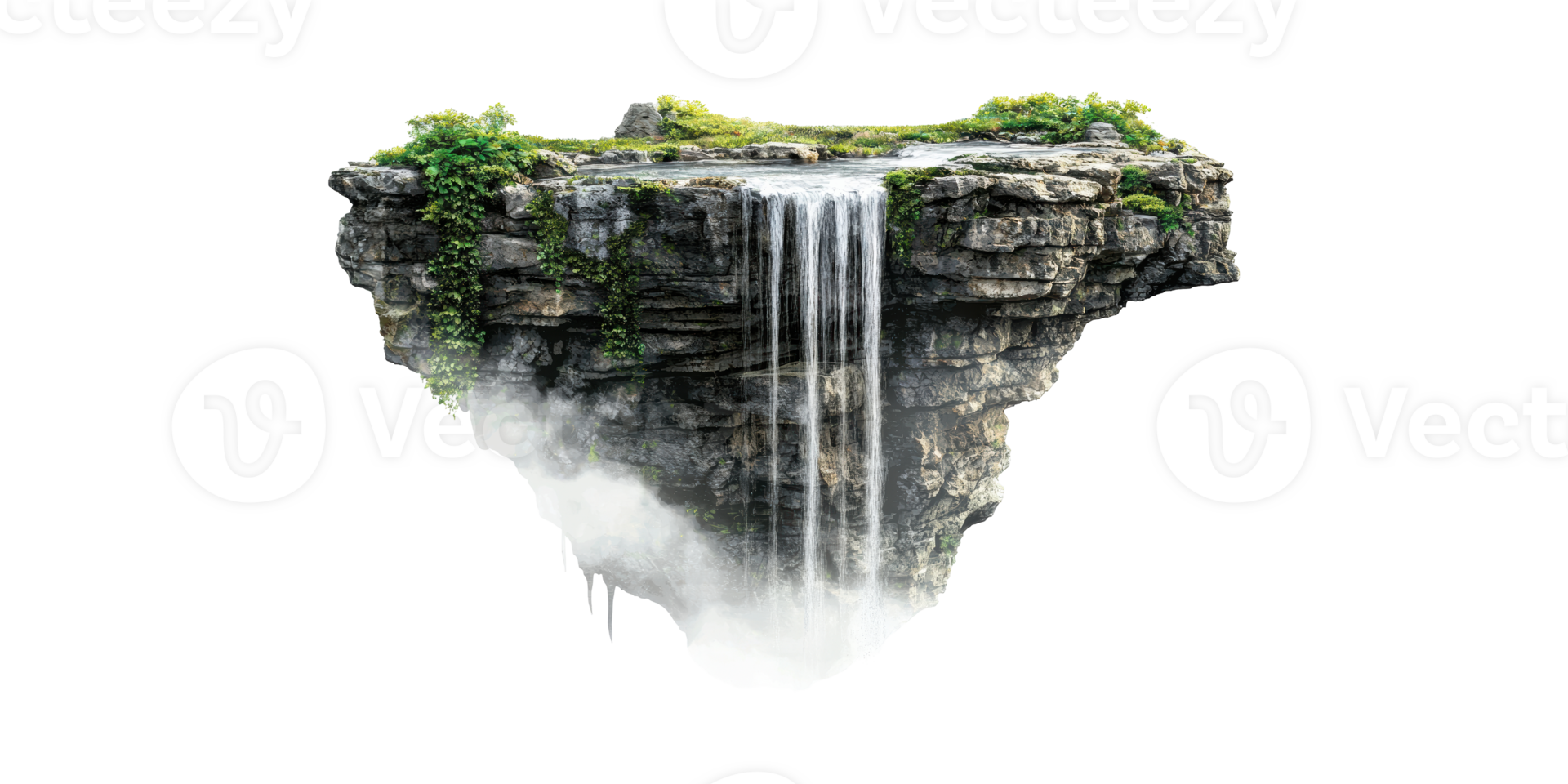 Floating Island With Waterfall And Lush Greenery. Surreal Nature Concept Isolated On Transparent Background png