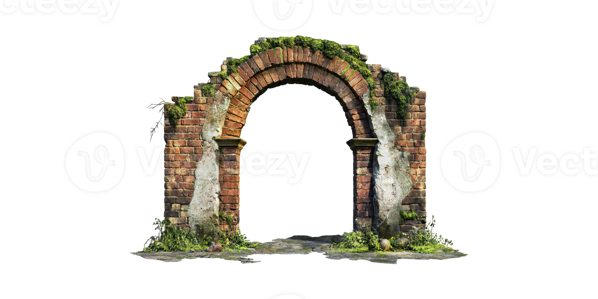Ancient Brick Archway With Moss And Vegetation. Historical Architecture And Nature Integration Isolated On Transparent Background png