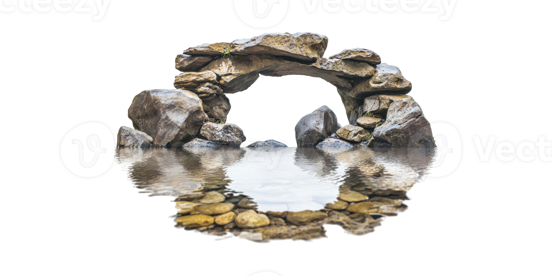 Stone Arch Over Water With Reflection. Natural Rock Formation And Tranquil Scene Isolated On Transparent Background png
