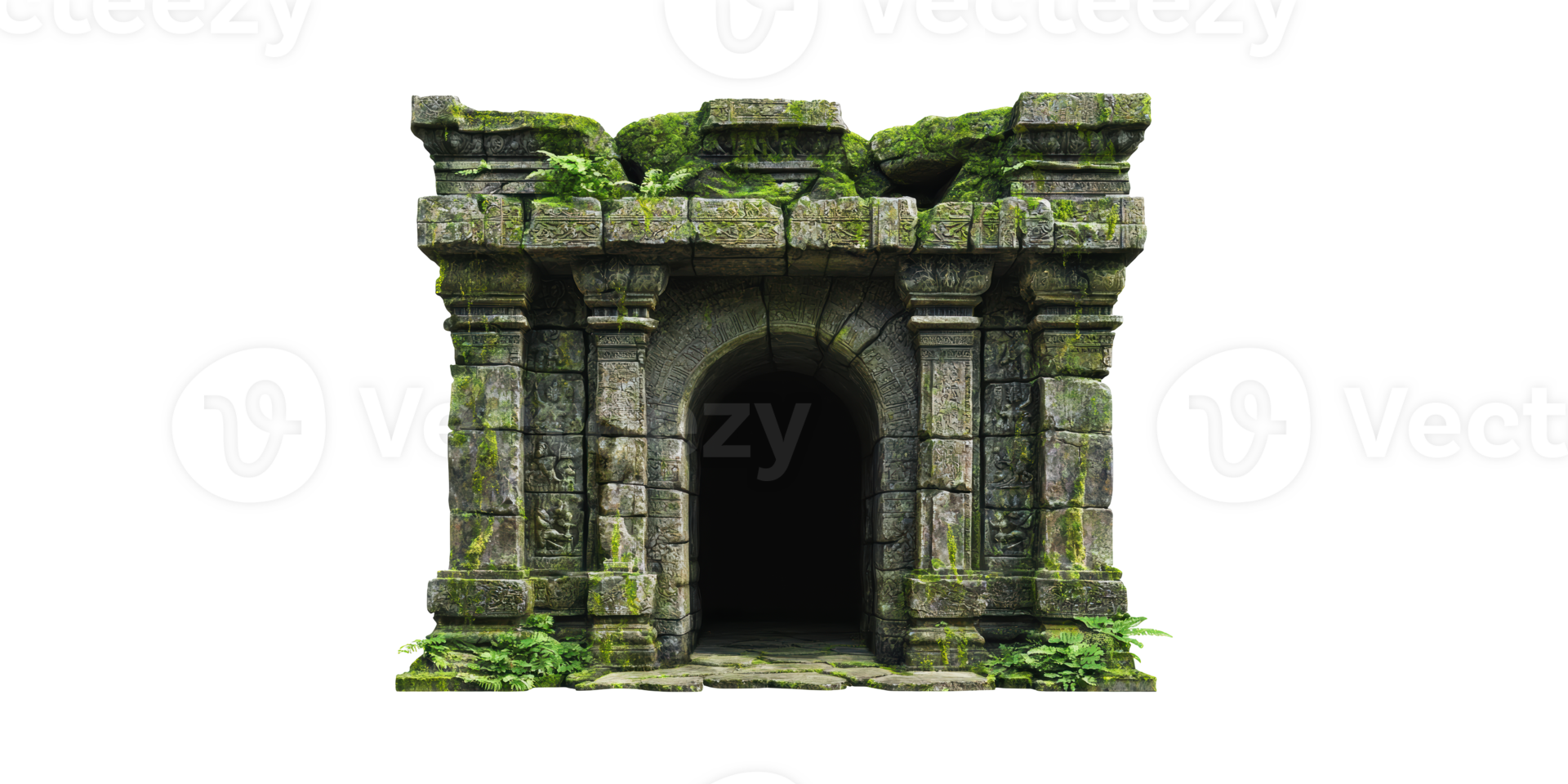 Ancient Stone Temple Entrance With Moss And Ferns. Historical Architecture And Nature Isolated On Transparent Background png