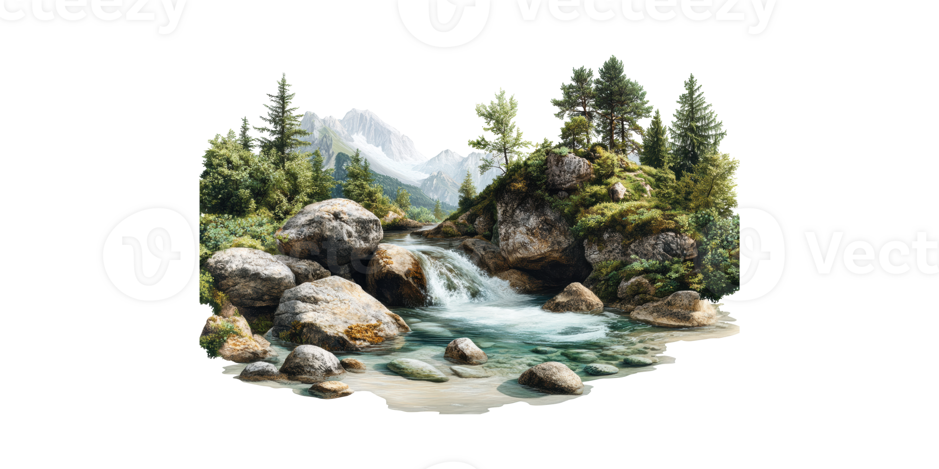 Mountain Stream With Rocks And Trees. Serene Nature Landscape For Relaxation And Inspiration Isolated On Transparent Background png