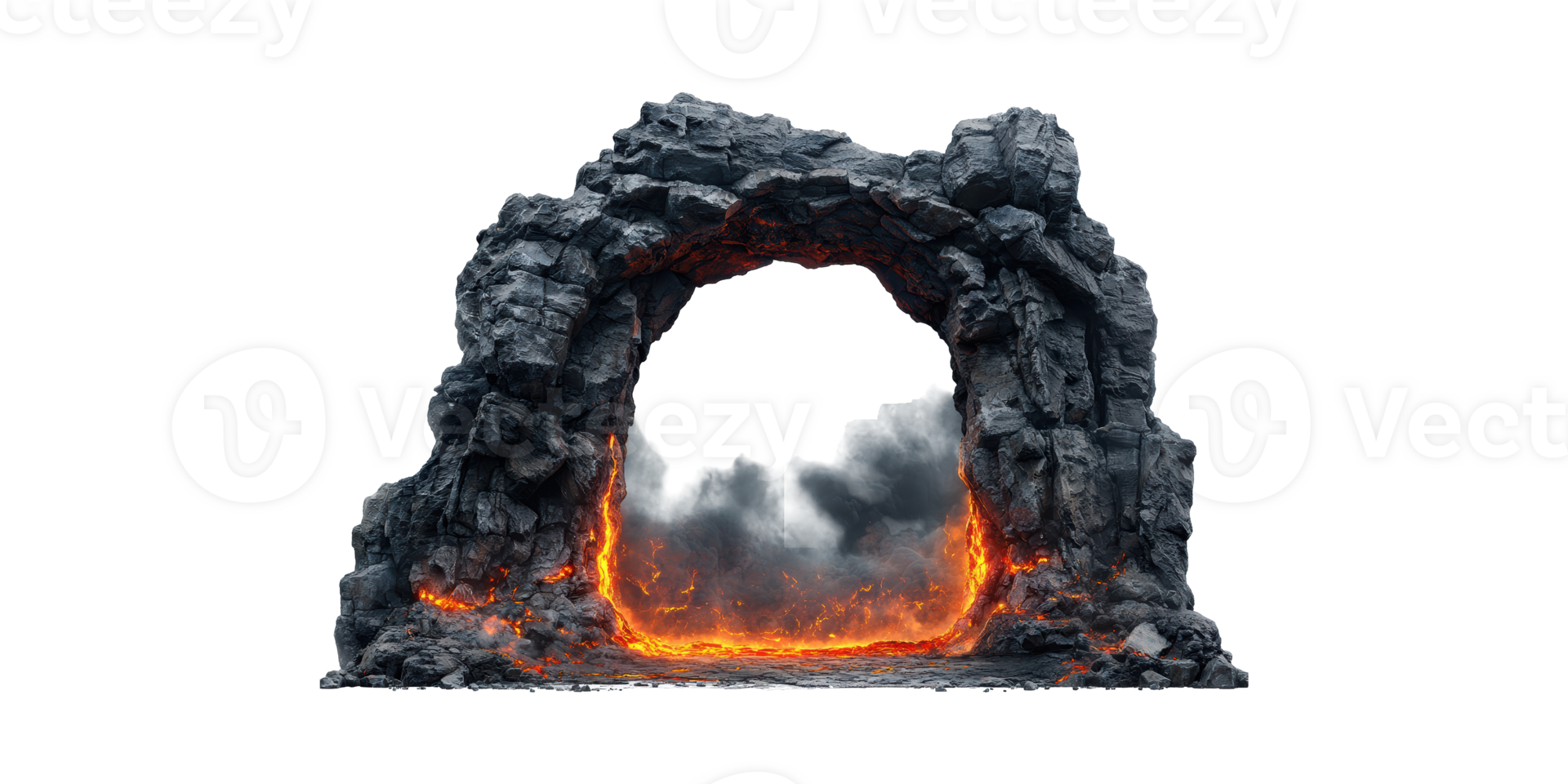 Rocky Archway With Fiery Lava And Smoke. Dramatic Natural Phenomenon And Volcanic Activity Isolated On Transparent Background png