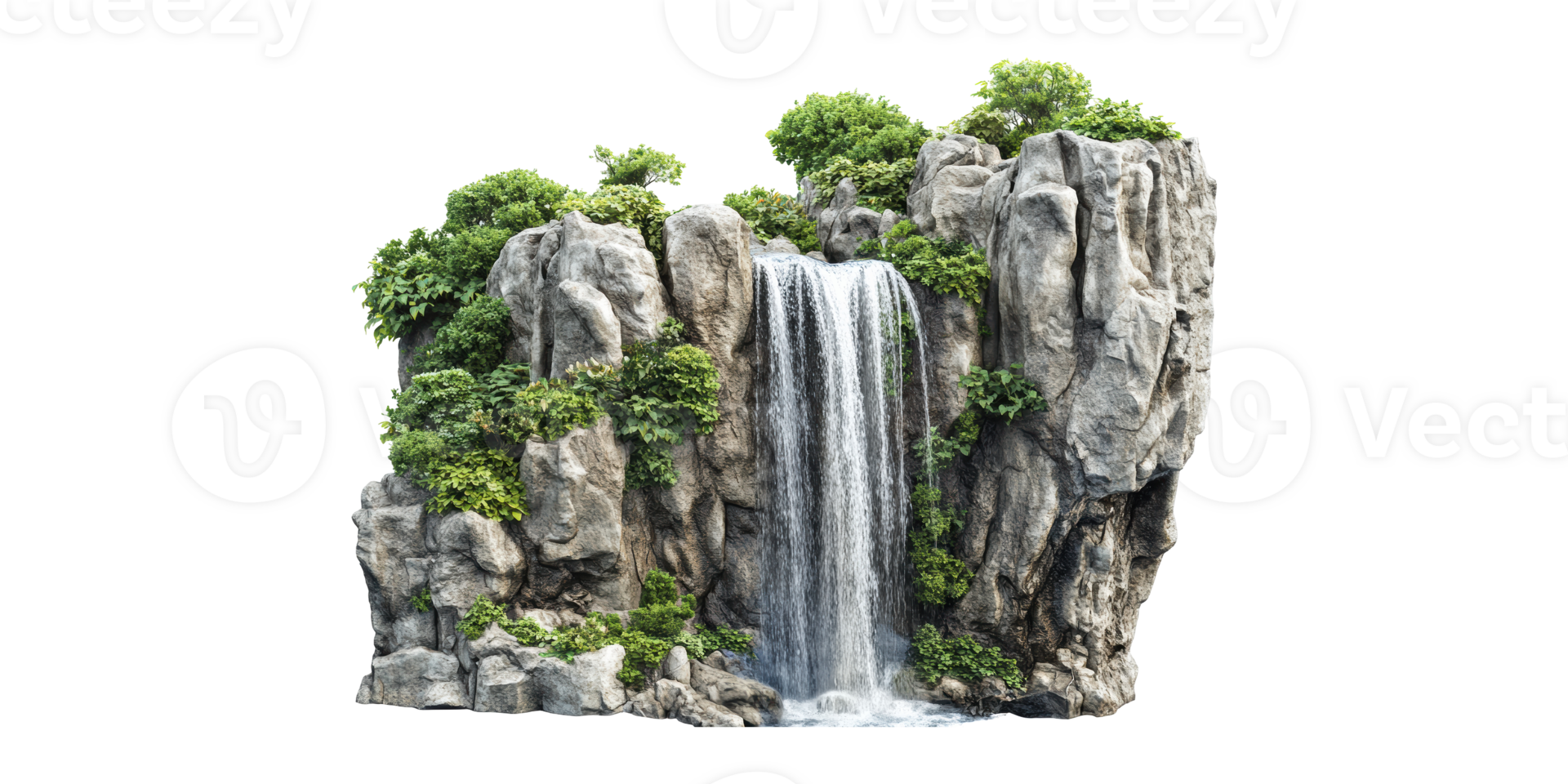 Waterfall Cascading Over Rocky Cliff With Lush Greenery. Nature'S Serenity And Tranquility Isolated On Transparent Background png