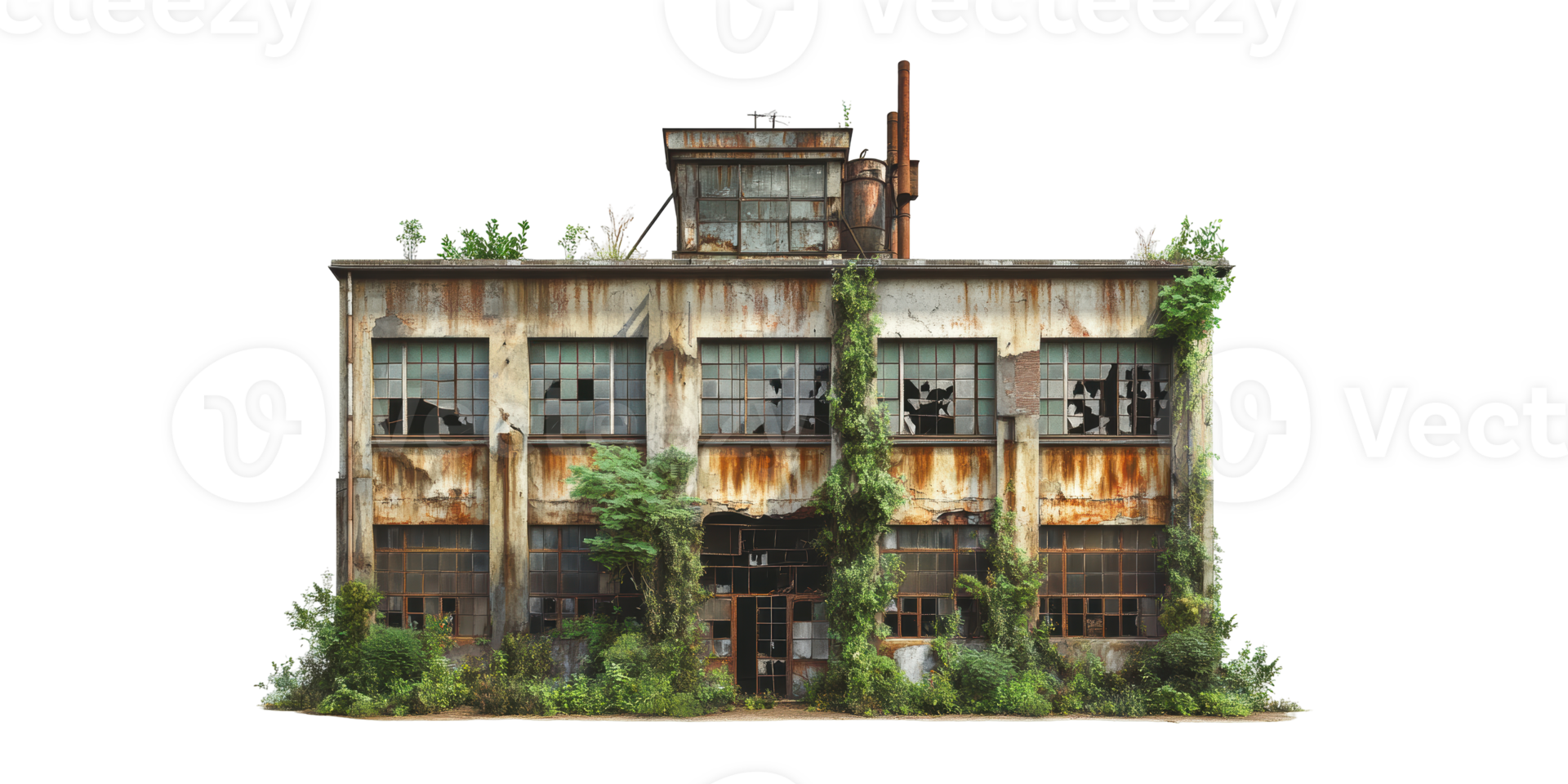 Abandoned Industrial Building Overgrown With Vegetation. Urban Decay And Nature Reclamation Isolated On Transparent Background png