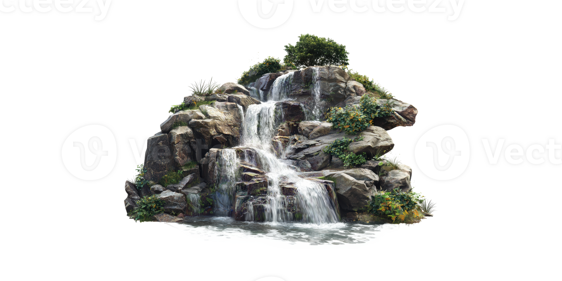 Rocky Waterfall With Lush Greenery. Nature'S Serenity And Tranquility Isolated On Transparent Background png