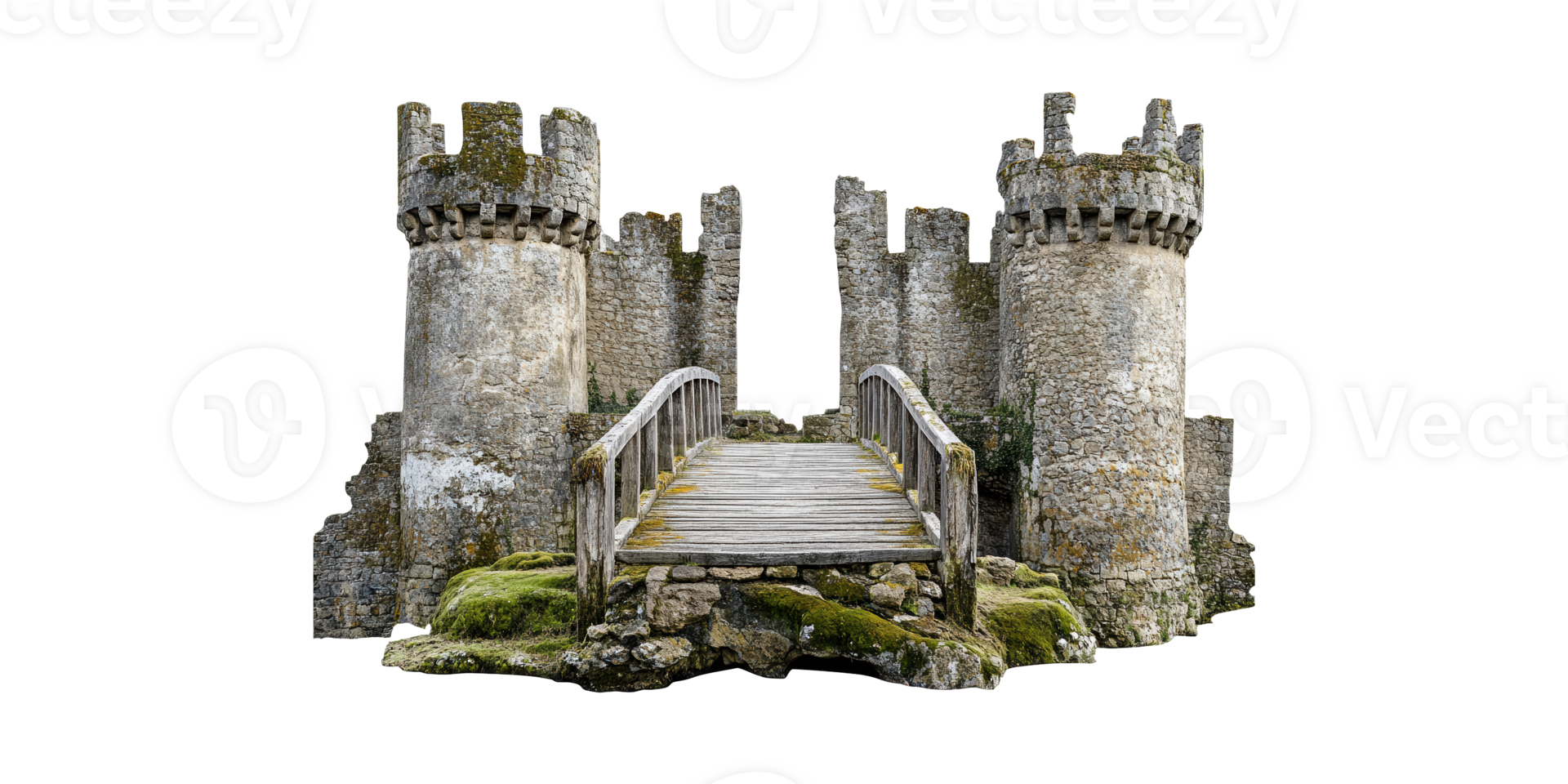 Medieval Stone Castle With Wooden Bridge. Historical Architecture And Heritage Isolated On Transparent Background png