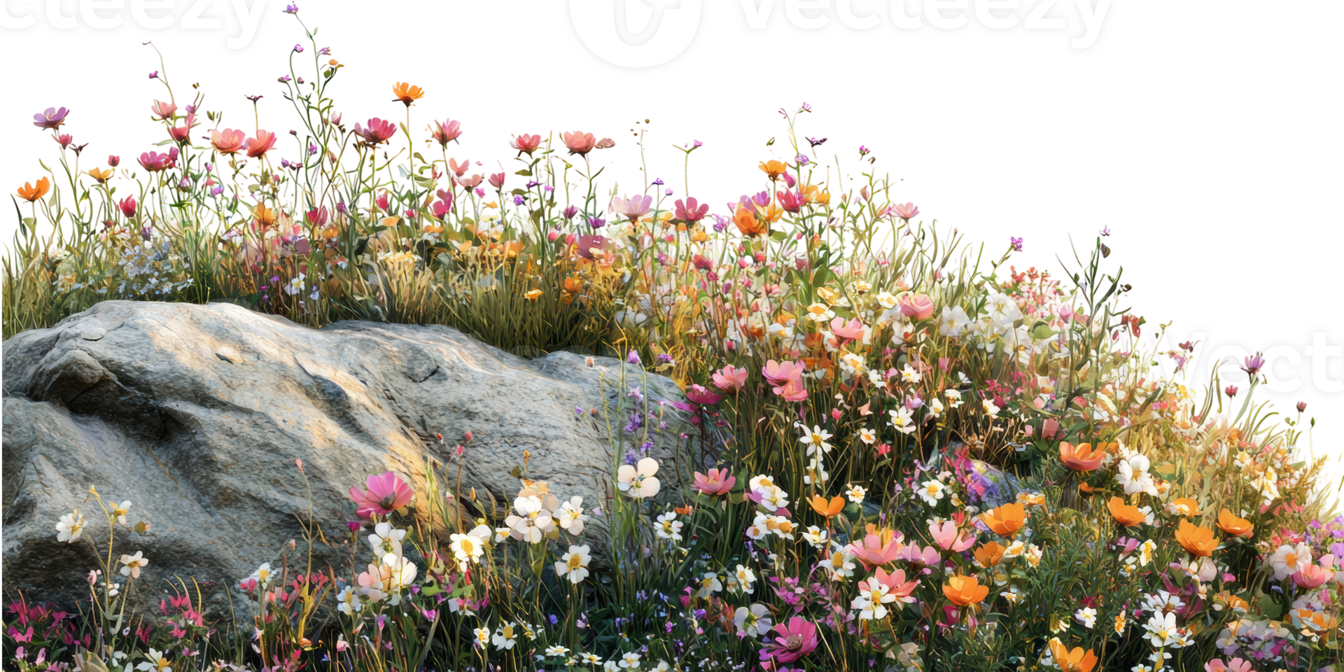 Colorful Wildflowers And Rock In Blooming Meadow. Nature'S Beauty And Tranquility Isolated On Transparent Background png