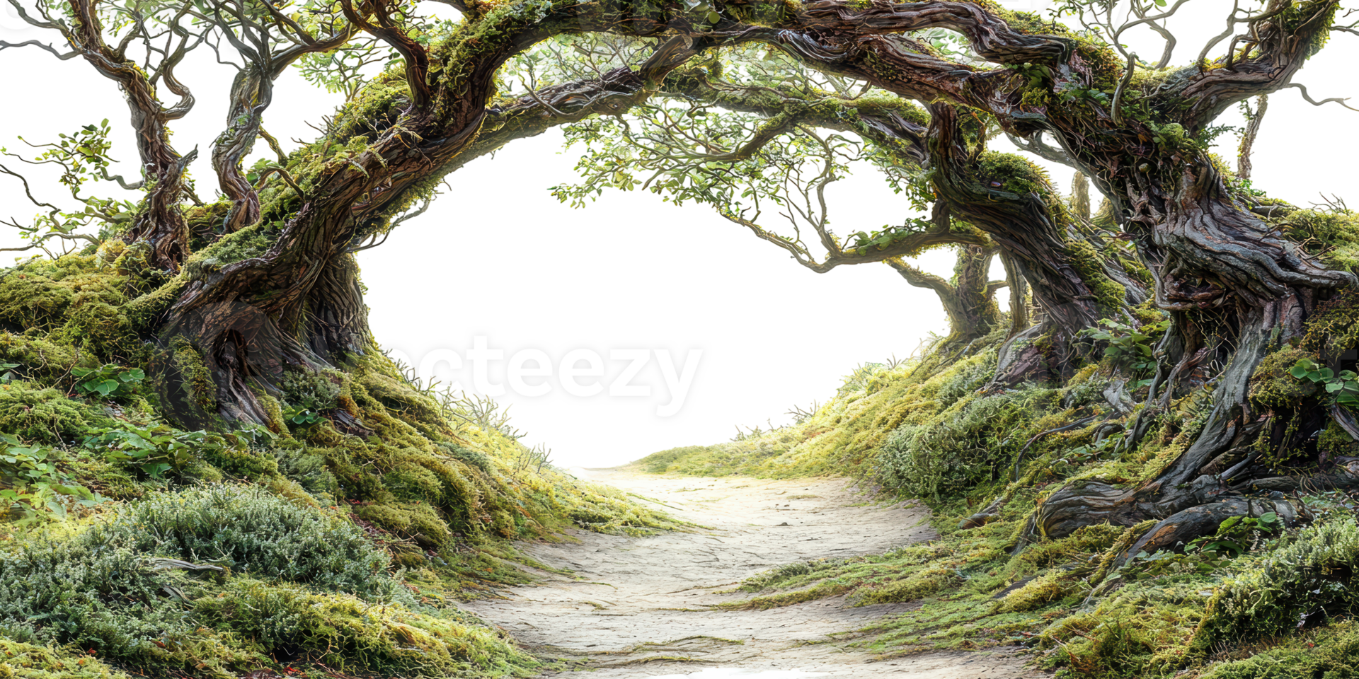 Enchanted Forest Pathway With Twisted Trees And Lush Greenery. Mystical Nature Scene Isolated On Transparent Background png
