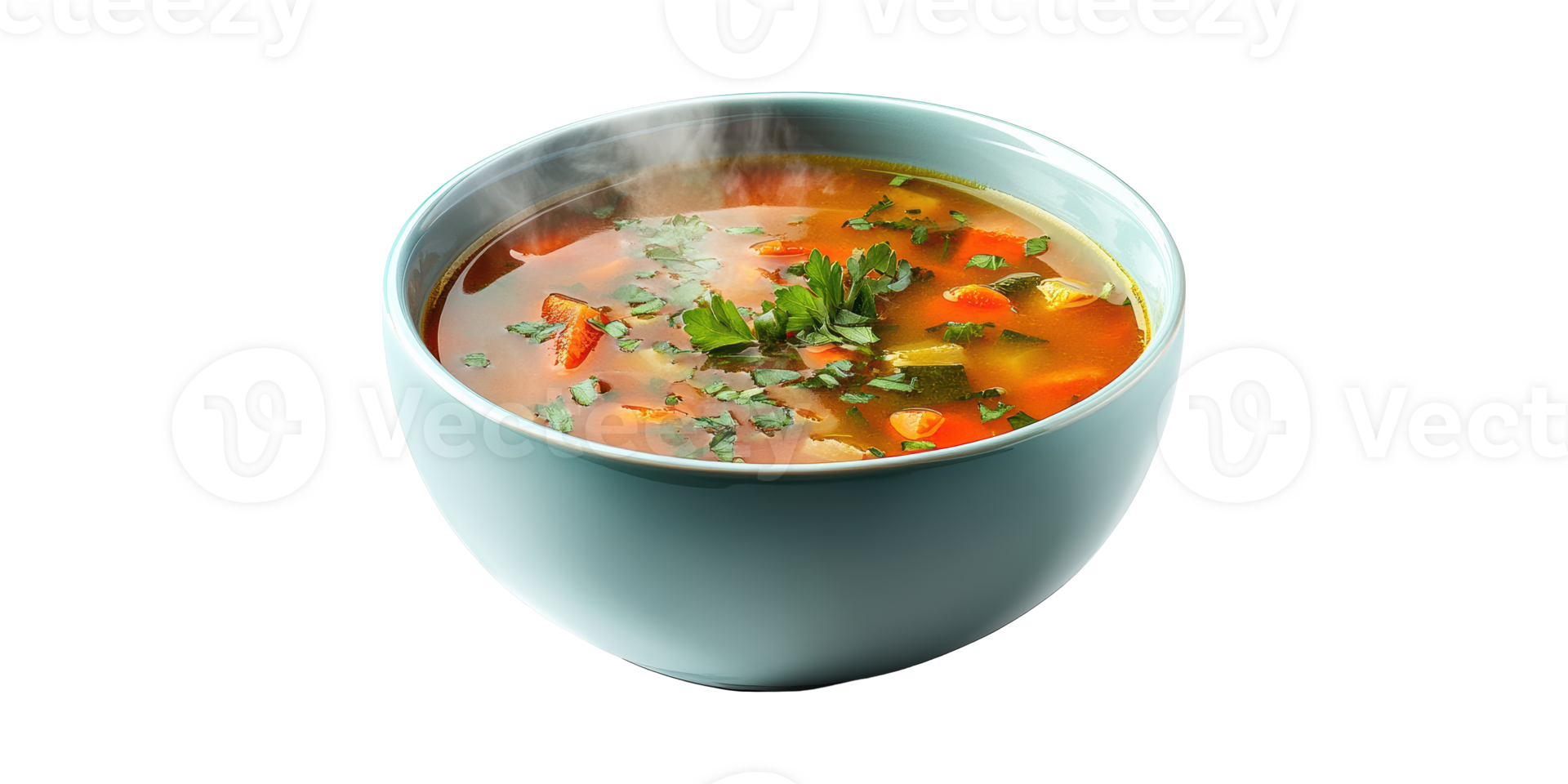 Steaming Vegetable Soup In Blue Bowl. Healthy Comfort Food And Nutrition Concept Isolated On Transparent Background png