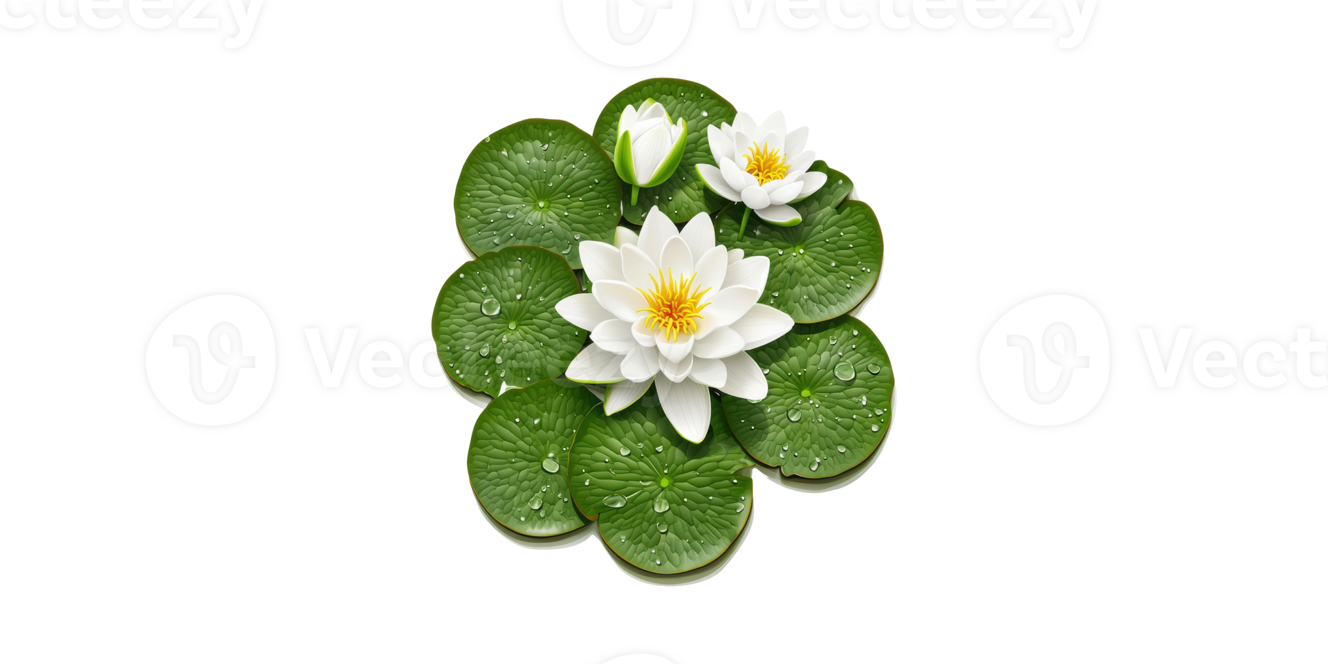 Water Lilies And Green Lily Pads With Dew Drops. Symbol Of Tranquility And Natural Beauty Isolated On Transparent Background png