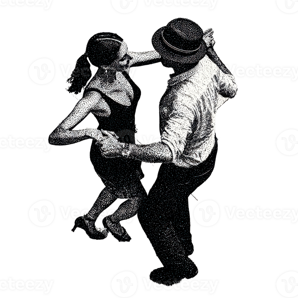 Vintage Dancing Couple In Retro Halftone. Nostalgic Dance Illustration Isolated On Transparent Background png