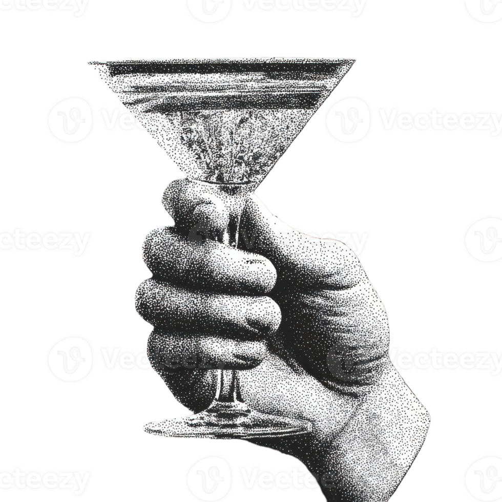 Hand Holding Martini Glass In Vintage Dot. Retro Cocktail Illustration Isolated On Transparent Background png