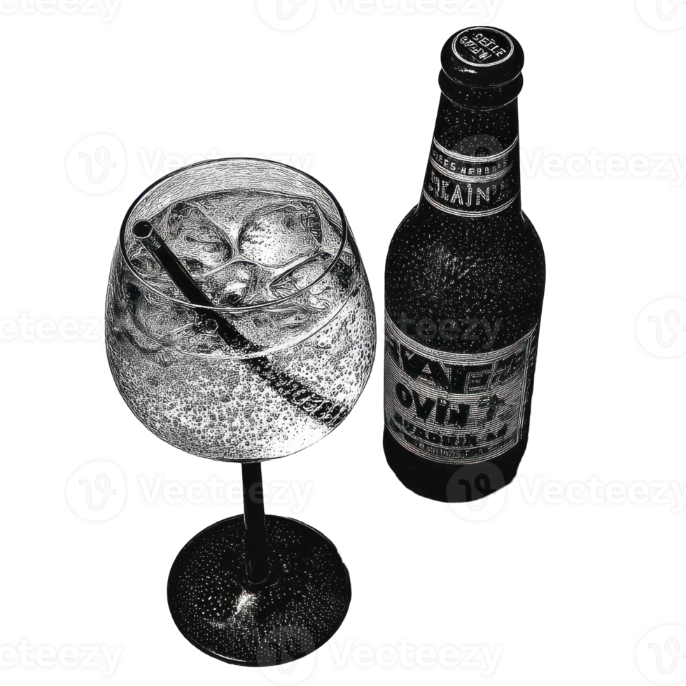 Vintage Beer Bottle And Cocktail Glass With Ice. Retro Beverage Illustration Isolated On Transparent Background png