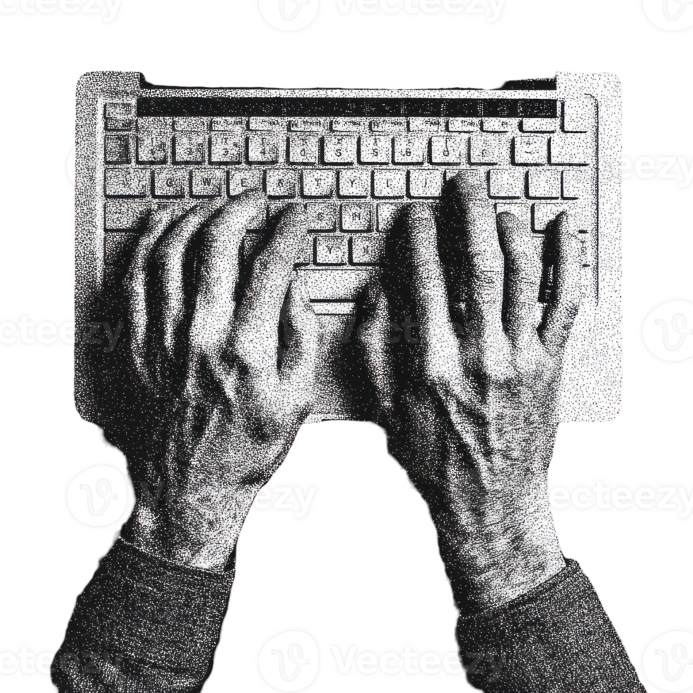 Hands Typing On Keyboard In Vintage Halftone. Retro Digital Communication Concept Illustration Isolated On Transparent Background png