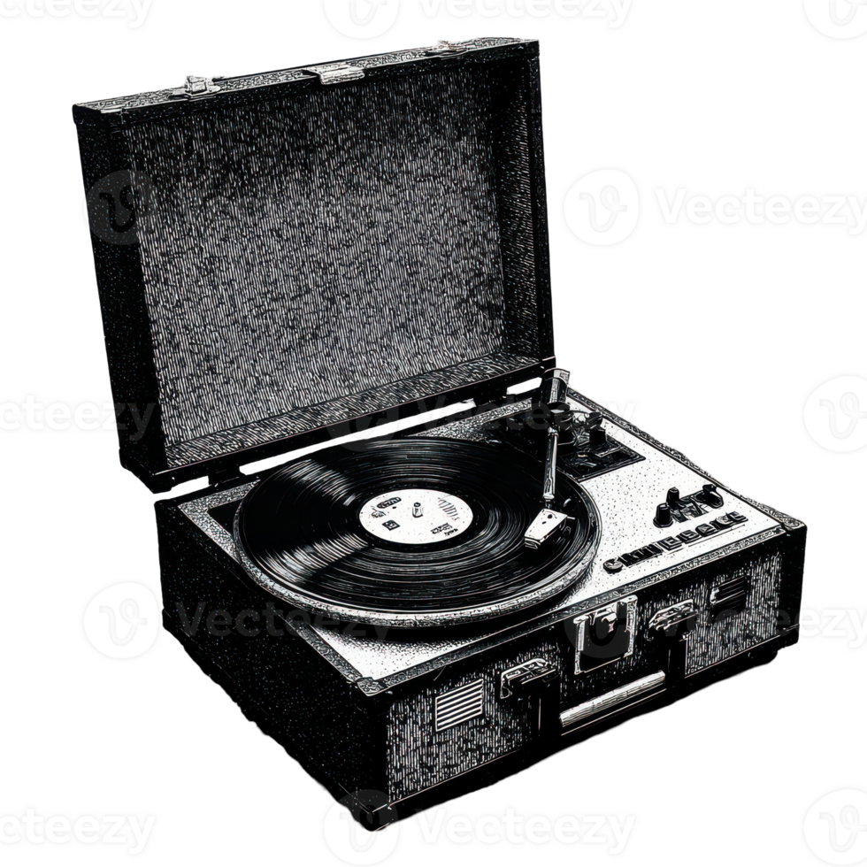 Vintage Record Player In Retro Engraving. Nostalgic Music Experience Illustration Isolated On Transparent Background png