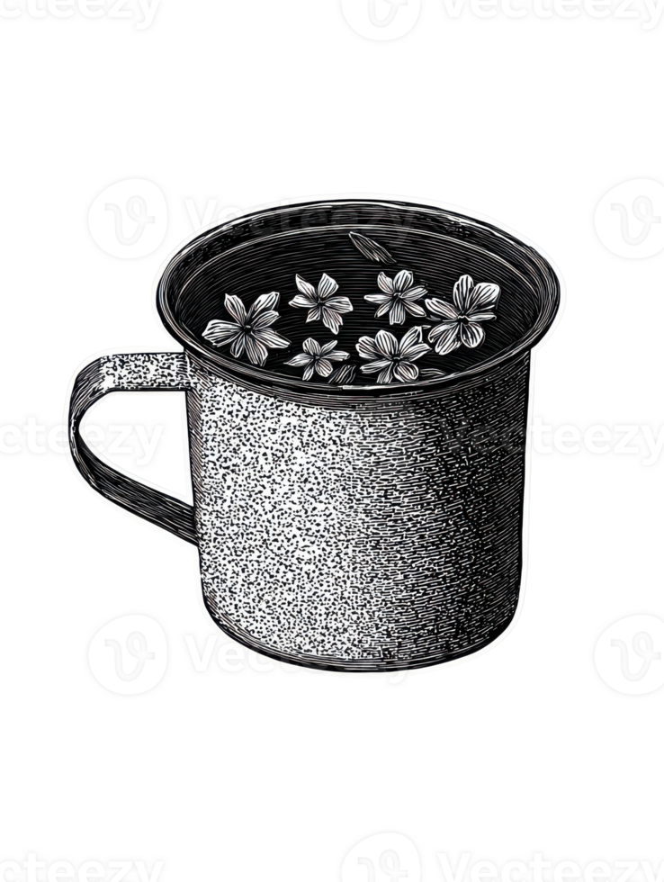 Vintage Enamel Mug With Floating Flowers In Retro Engraving. Nostalgic Botanical Illustration Illustration Isolated On Transparent Background png