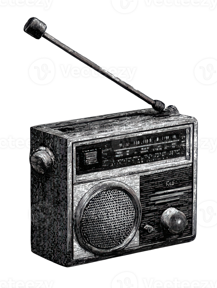 Vintage Radio With Antenna In Retro Engraving. Broadcast Device Illustration Isolated On Transparent Background png