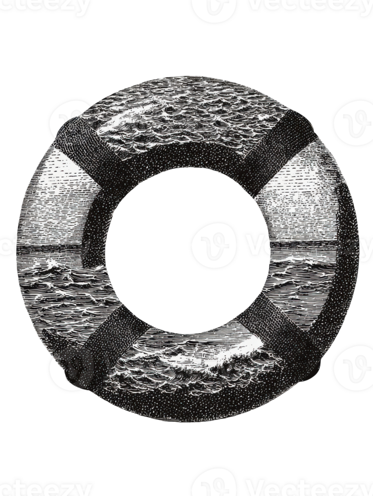 Vintage Lifebuoy With Ocean Waves In Engraving. Nautical Safety Symbol In Retro Illustration Isolated On Transparent Background png
