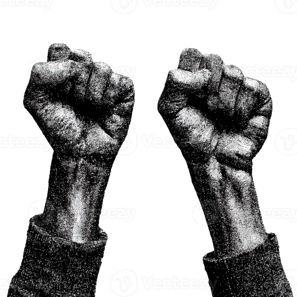 Raised Fists In Vintage Halftone. Symbol Of Strength And Unity Illustration Isolated On Transparent Background png