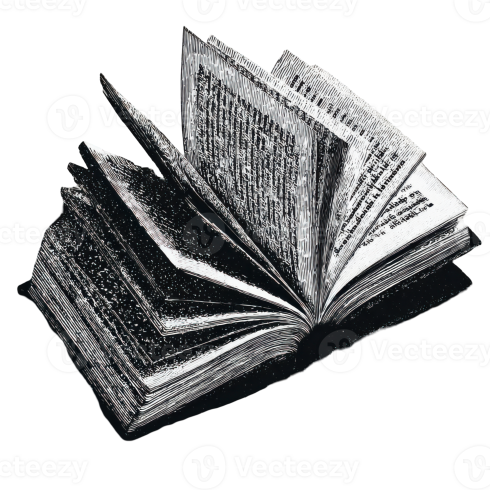 Open Vintage Book In Retro Engraving. Nostalgic Literary Illustration Isolated On Transparent Background png