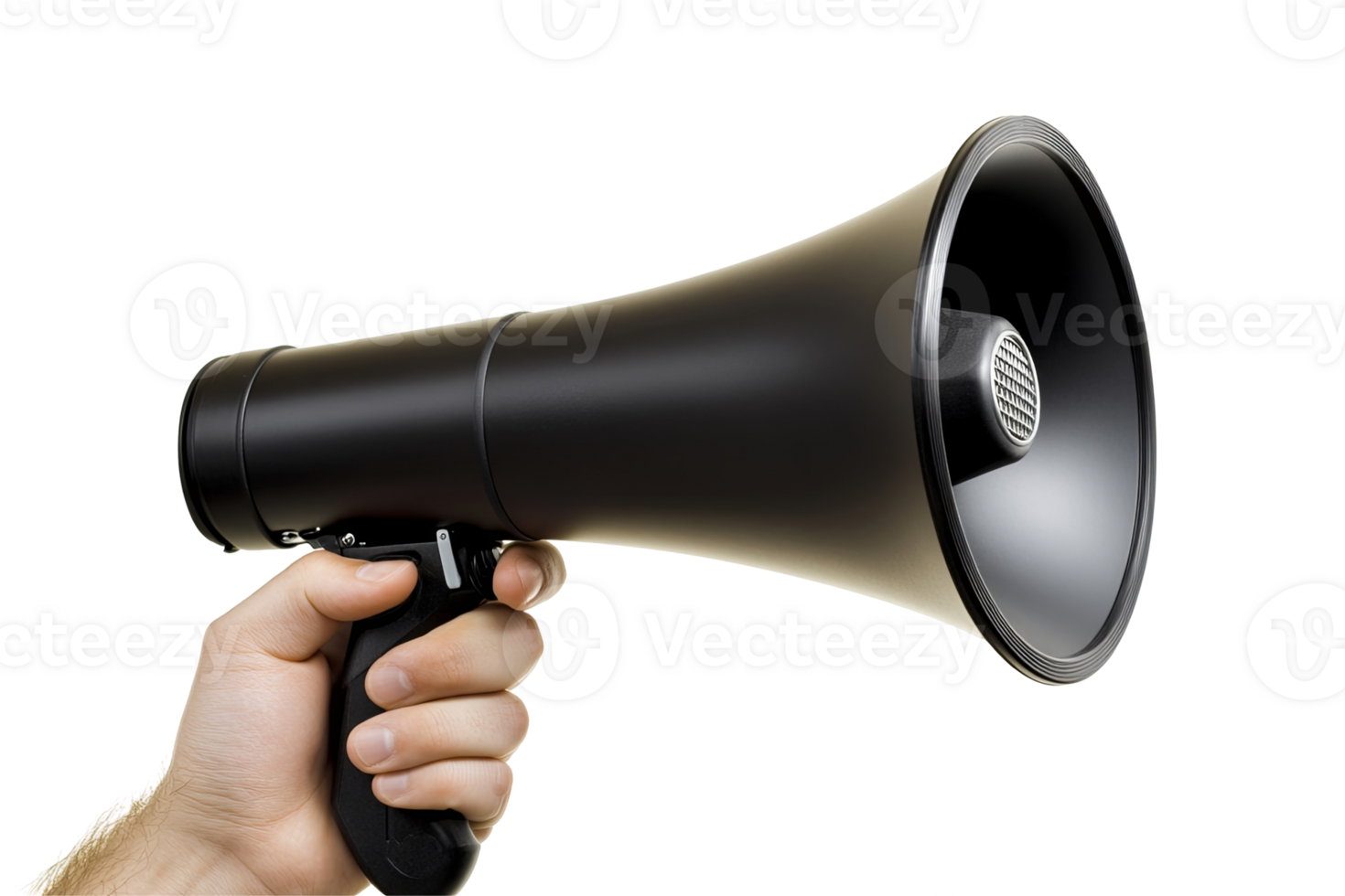 A hand grips a matte black megaphone, ready to amplify a message. Its shiny interior gleams, contrasting with its body png