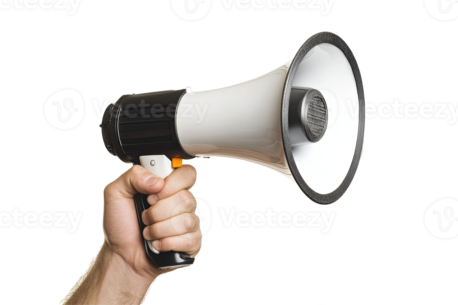 A hand firmly grips a black and white megaphone, ready to amplify a message against the stark, transparent background png
